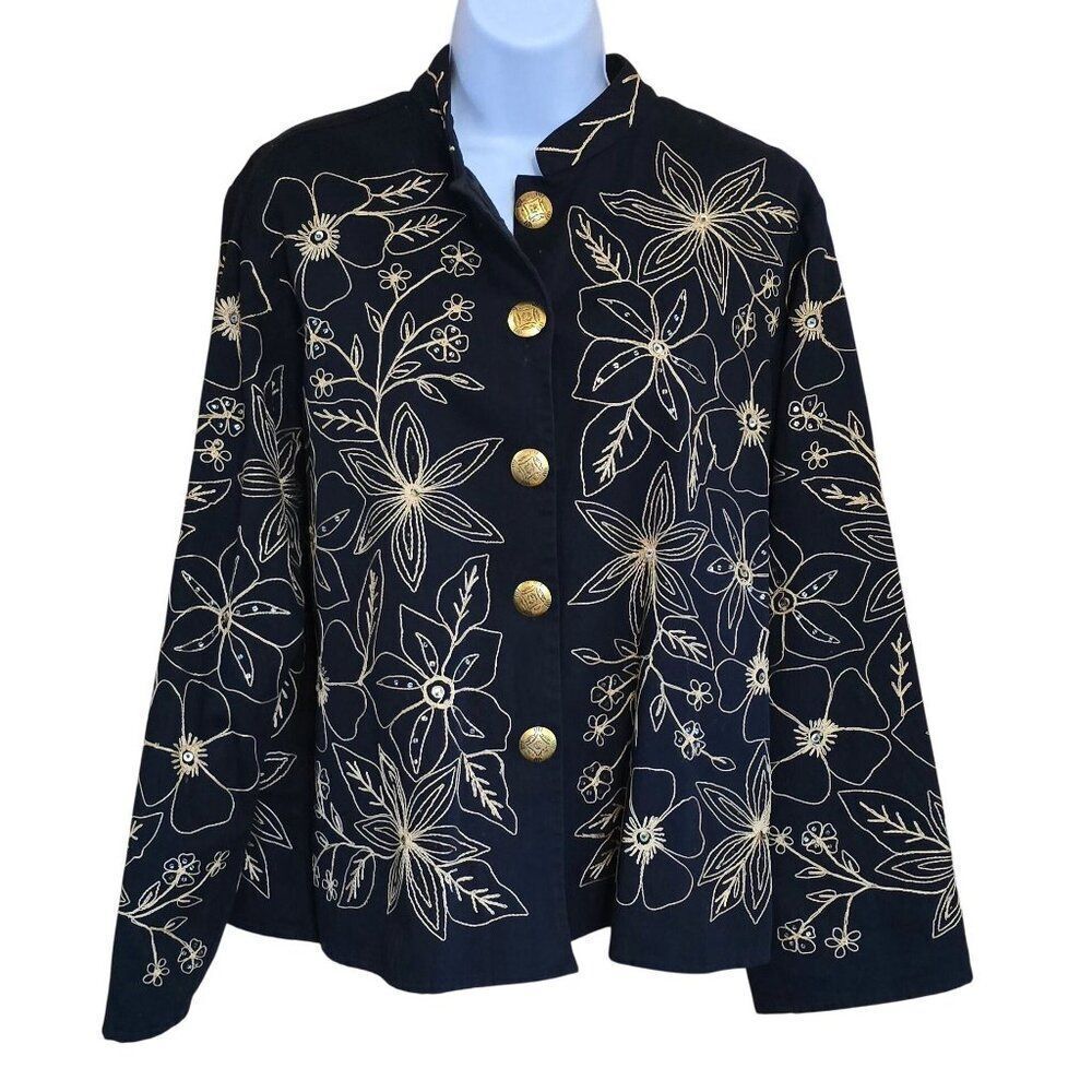 Vintage Floral Embroidered Jacket Large Navy Gold Button-Up academia old money